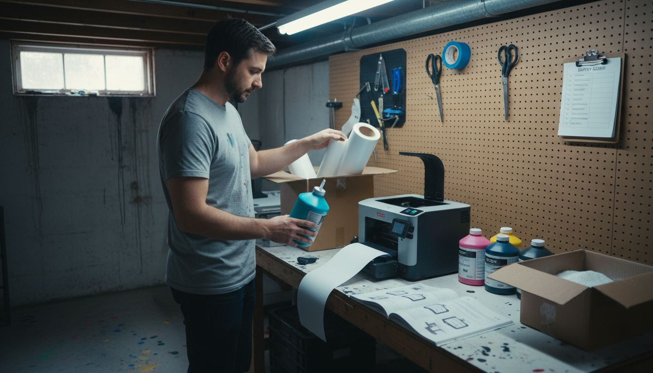 Person setting up DTF printing supplies in workshop