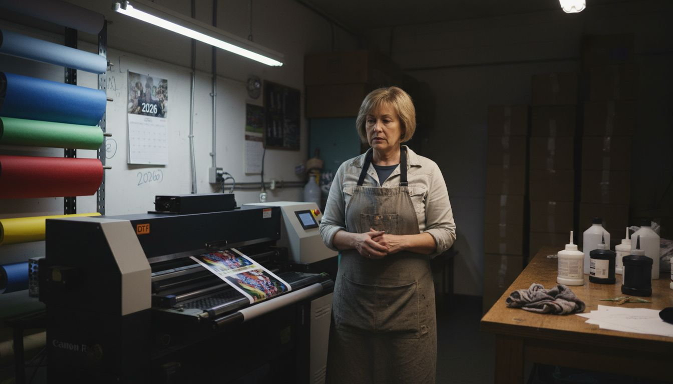 Print shop owner with DTF printer in 2026 workspace