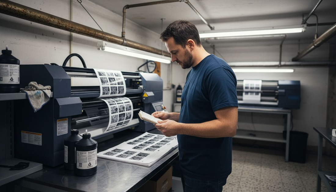 Technician inspecting DTF printer for errors