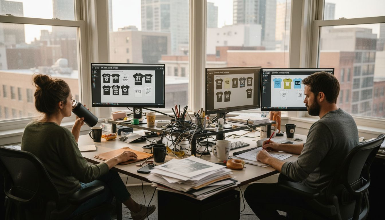 Designers comparing DTF gang sheet software in corner office