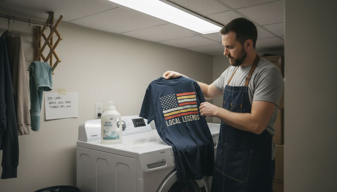 Owner inspecting DTF t-shirt in laundry area