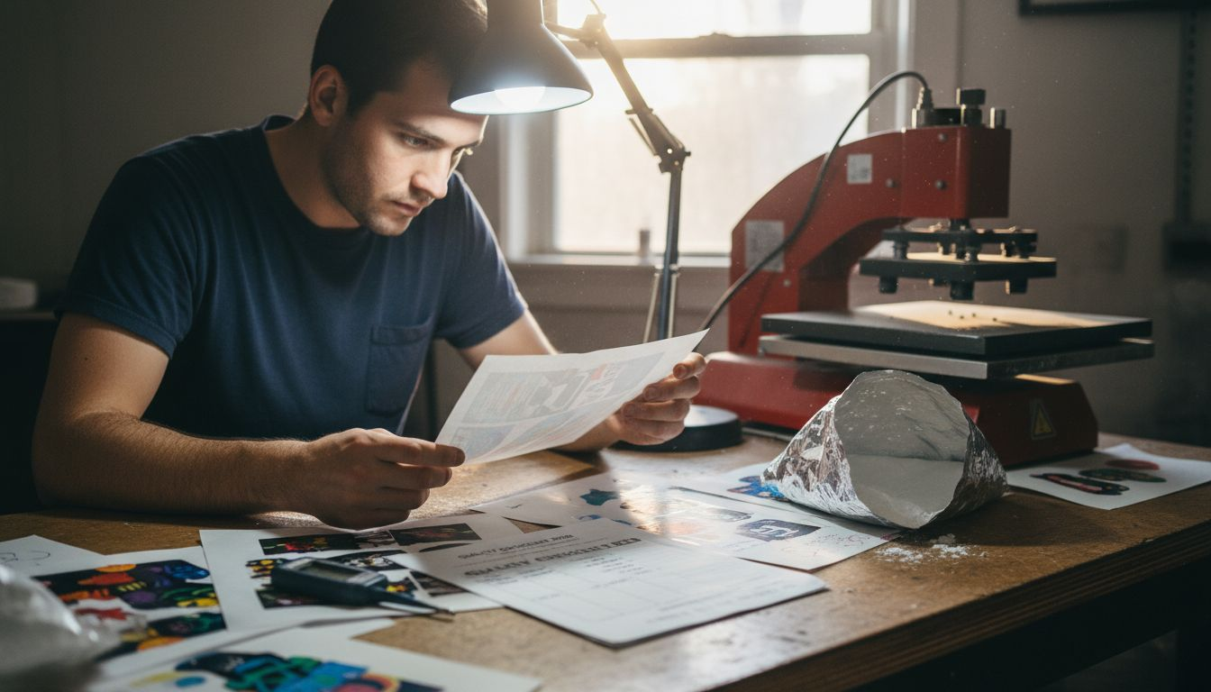Technician inspecting dtf transfer print quality