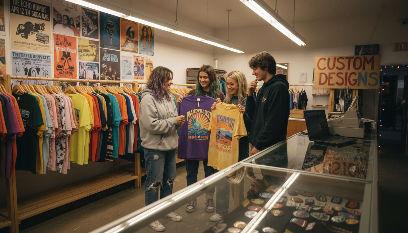 Gen Z friends browse custom apparel shop