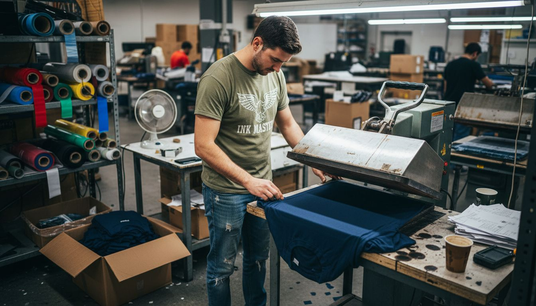 Technician applying transfer film to custom t-shirt