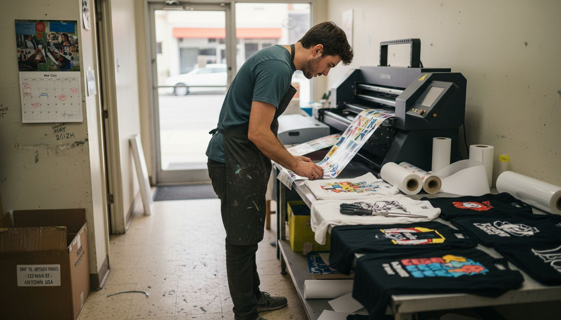 DTF print shop owner operating printer
