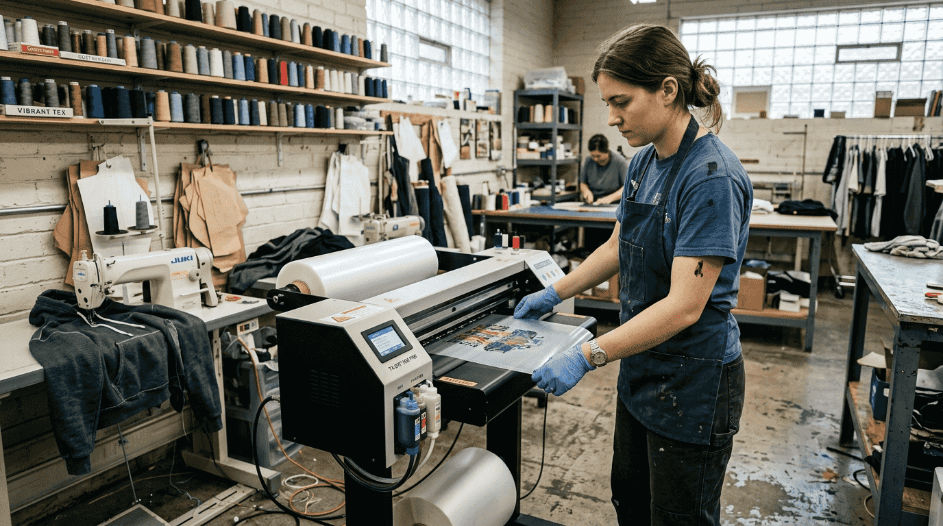 Technician operating DTF printer in textile shop