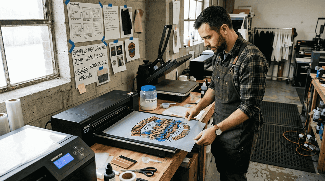 DTF technician preparing film in workshop