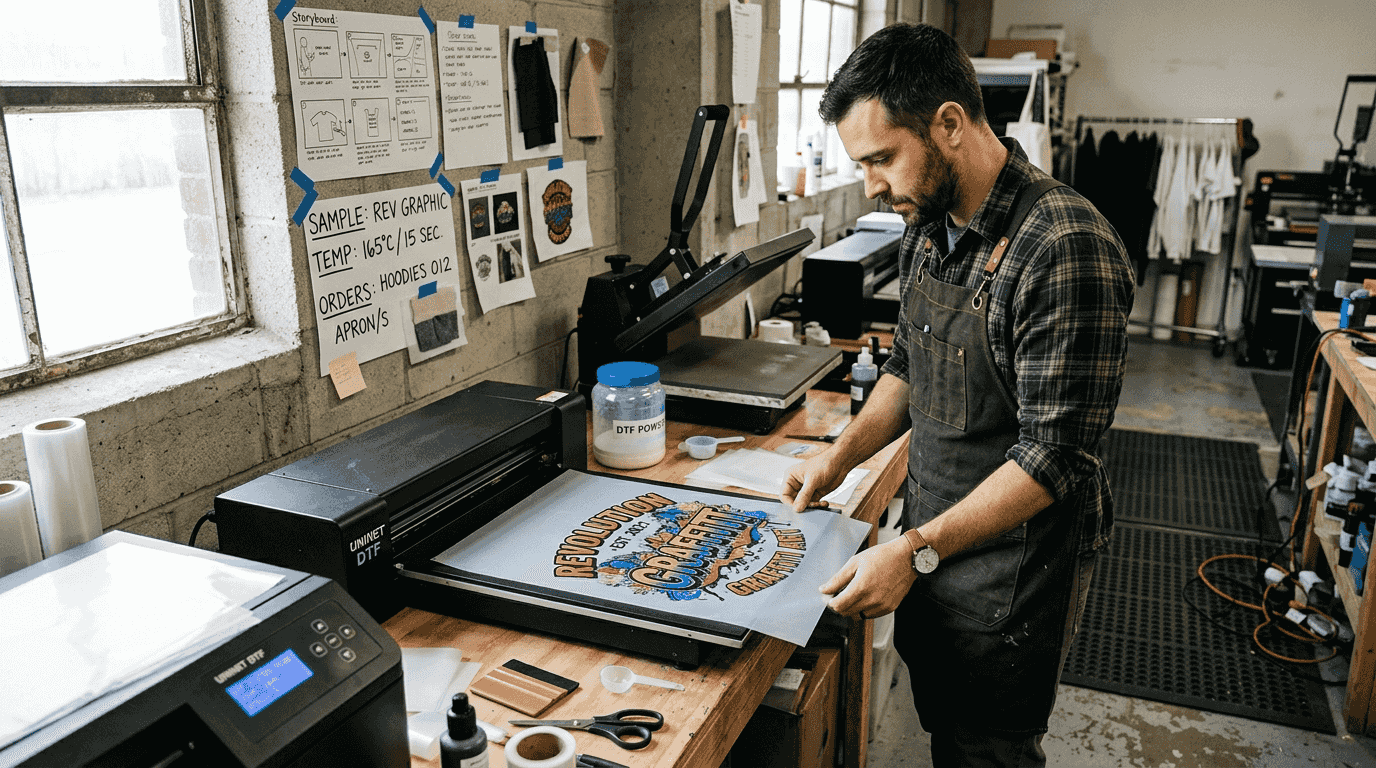 DTF technician preparing film in workshop