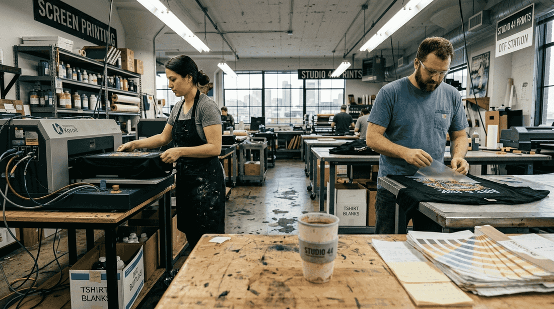 Technicians comparing inkjet and DTF shirt printing