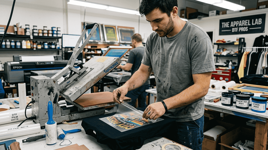 Technician using DTF transfer on t-shirt