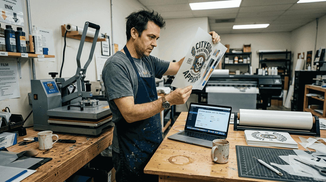 Technician reviewing DTF print at studio table