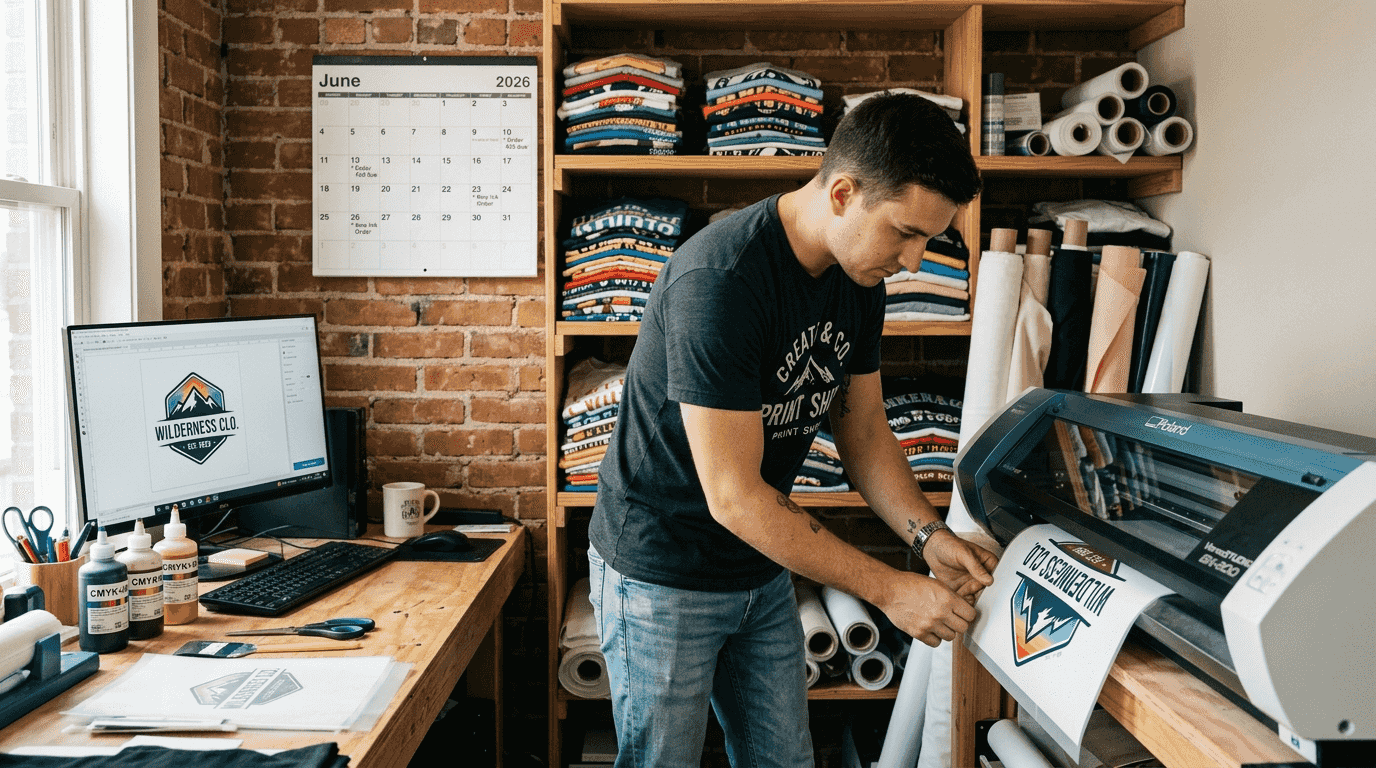Small business owner using DTF printer workspace