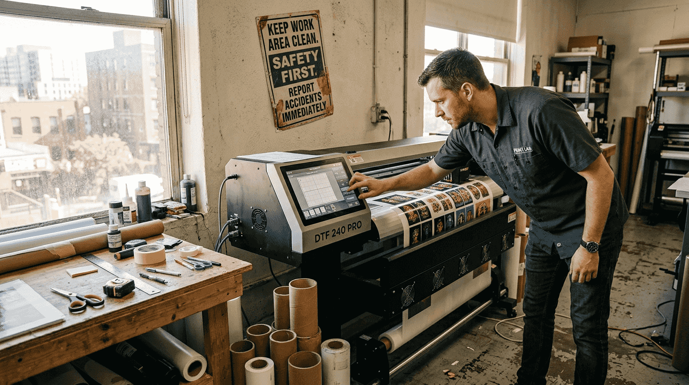 Technician managing DTF gang sheet process