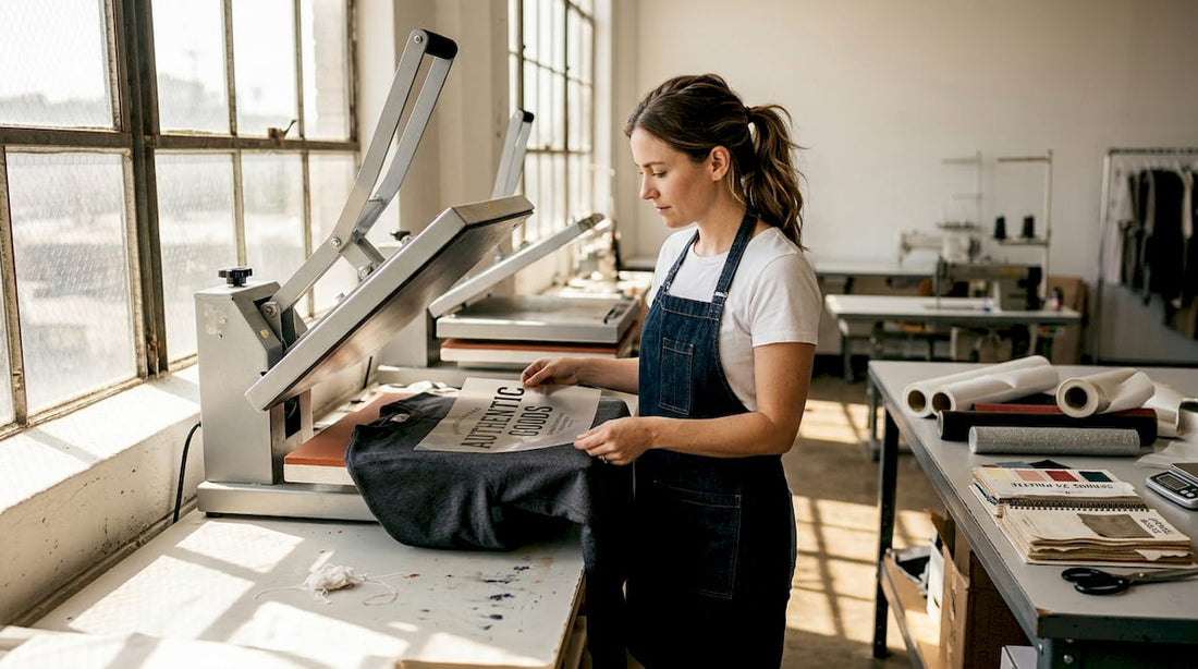 Designer checking transfer film in apparel studio