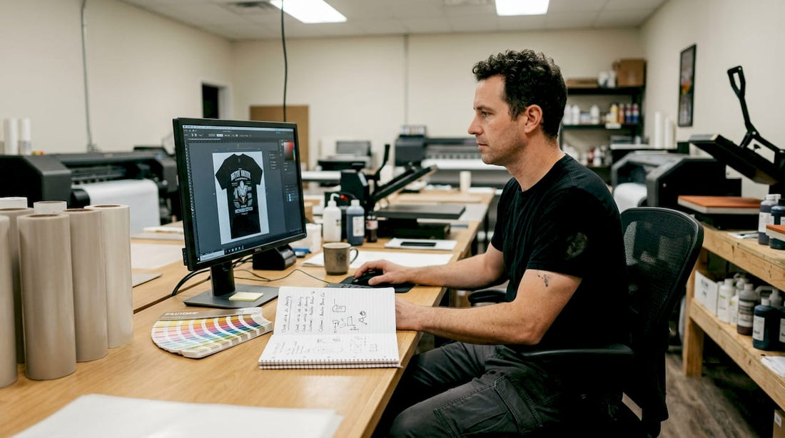 Technician preparing DTF print design file