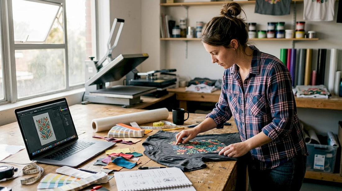 Designer examining custom DTF apparel prints