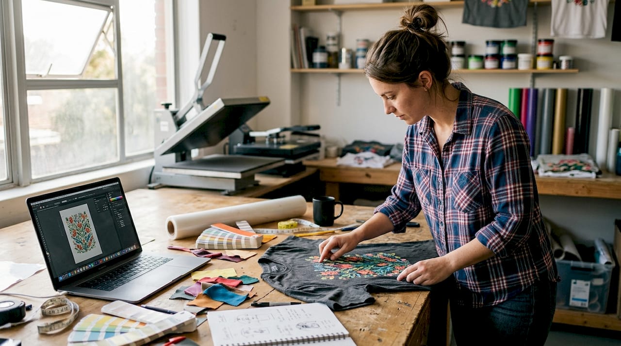 Designer examining custom DTF apparel prints