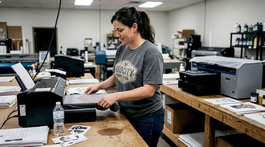 Technician prepares DTF transfer printing