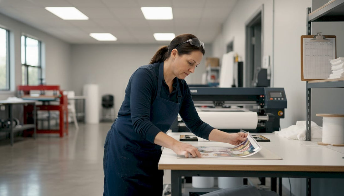 Technician reviewing DTF print in workshop