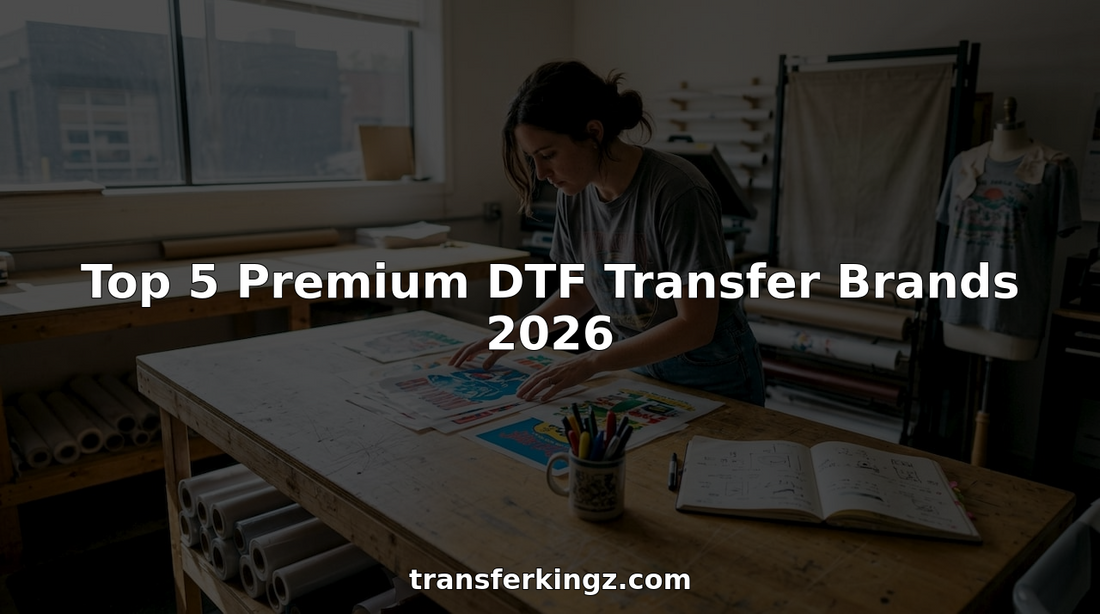 Designer reviewing DTF transfers in light-filled print shop