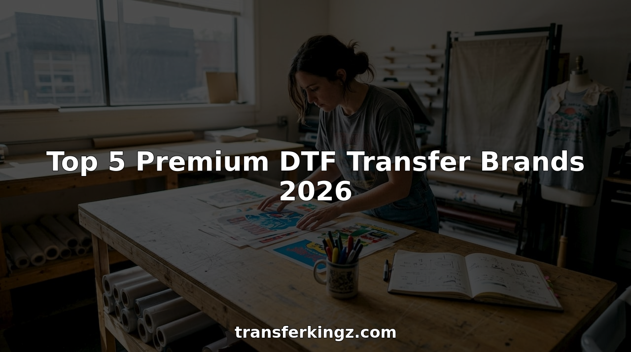 Designer reviewing DTF transfers in light-filled print shop