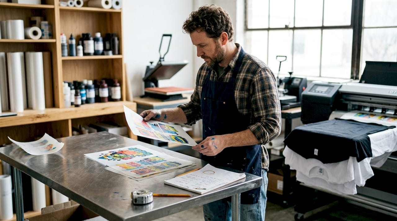 Technician working with DTF printer in workshop