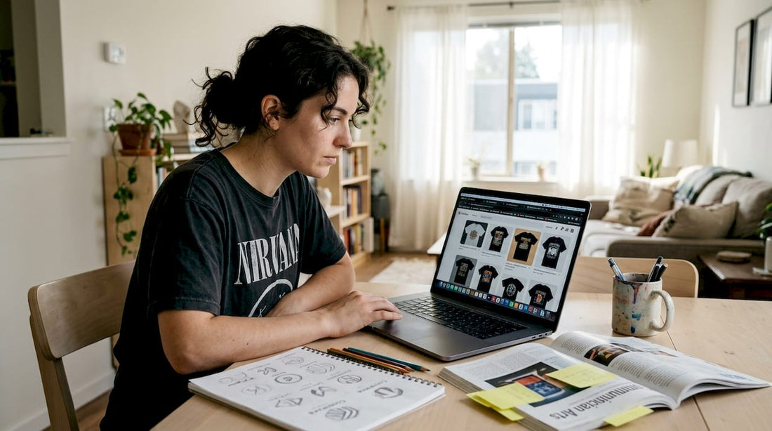 Designer researching t-shirt styles at laptop