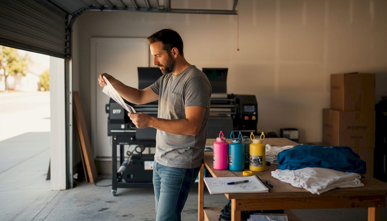 Small business DTF printing workspace scene
