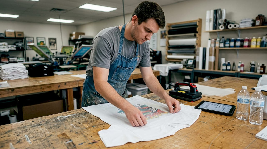 Apparel technician aligning DTF transfer on shirt
