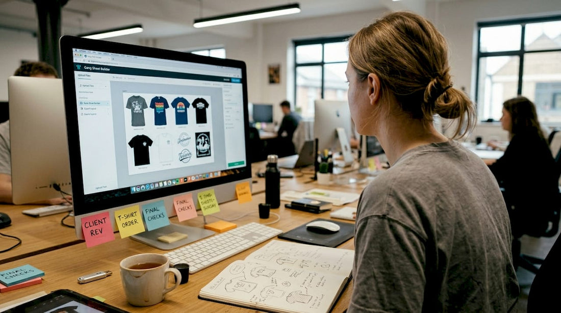 Designer arranging artwork with gang sheet builder