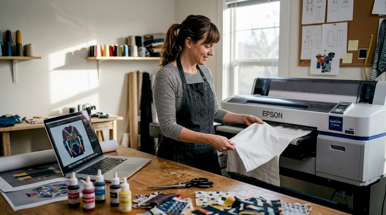 Technician using digital textile printer in studio