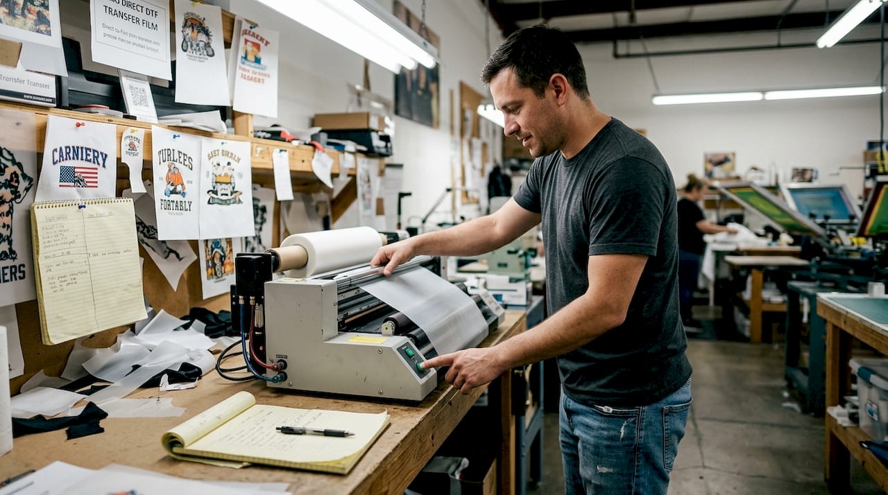 Technician running DTF printer in workshop