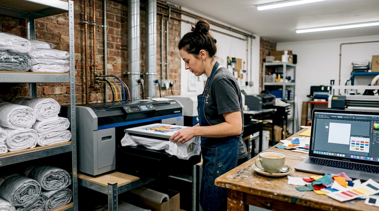 Technician printing T-shirt in apparel workshop