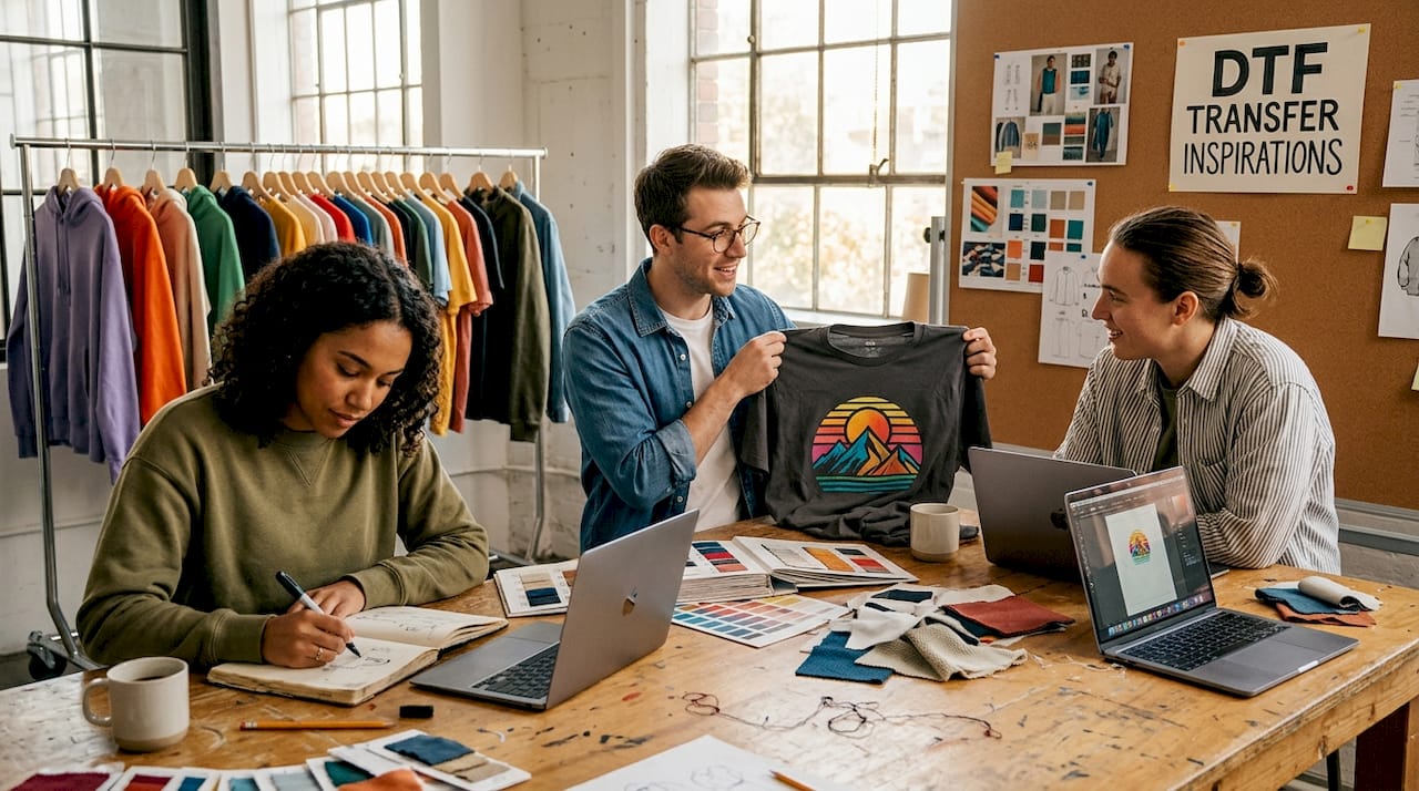 Designers discussing custom DTF apparel concepts