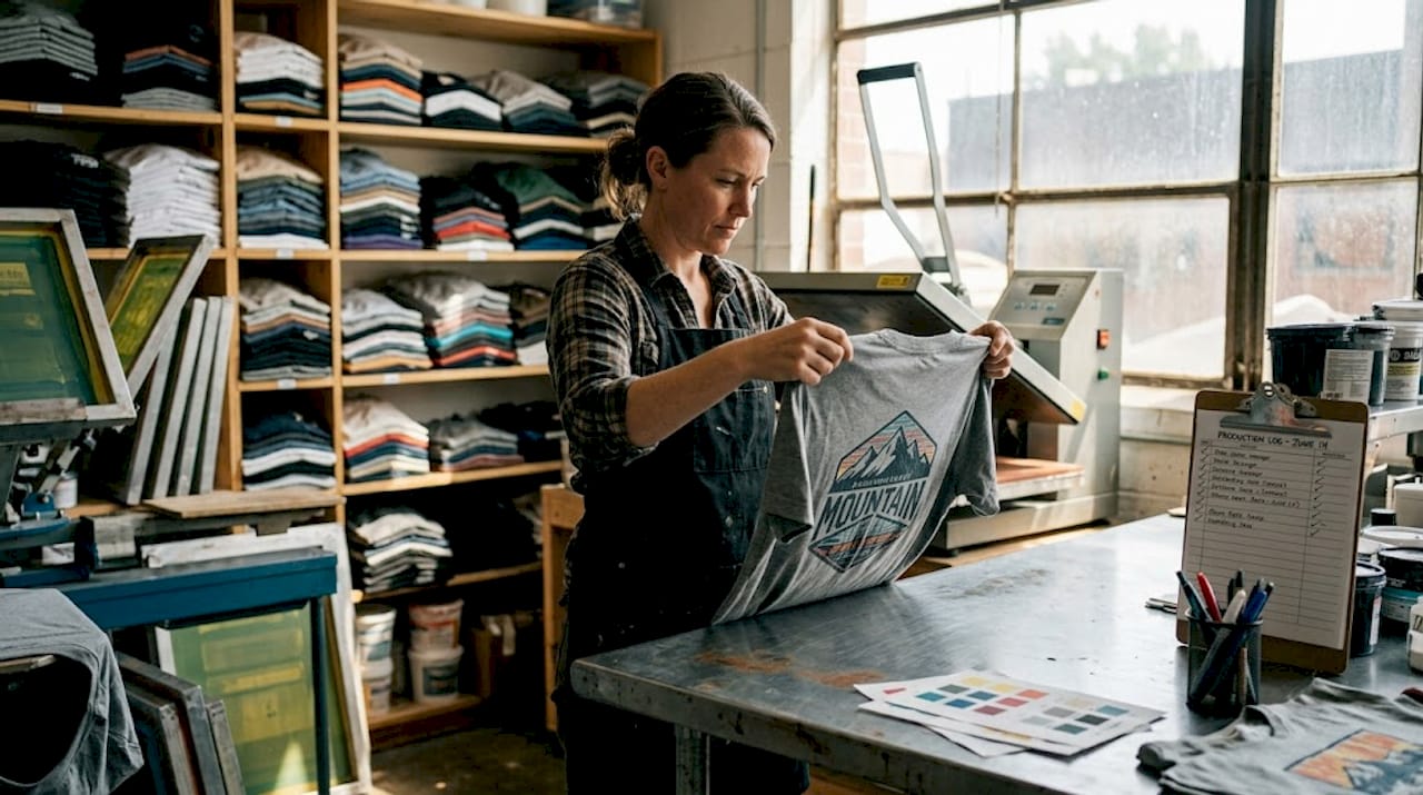 Worker checking print on custom t-shirt in shop