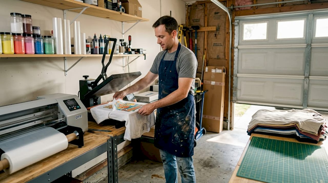 Technician producing DTF printed t-shirt in studio