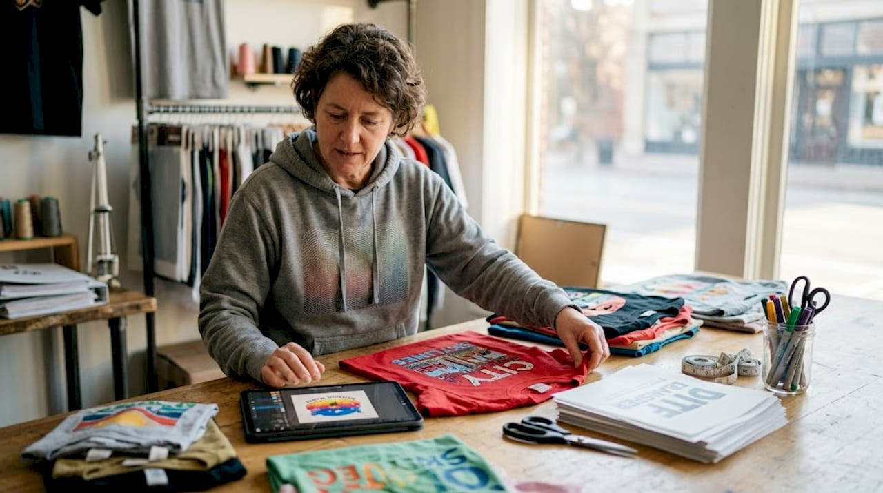 Designer arranging custom DTF apparel samples