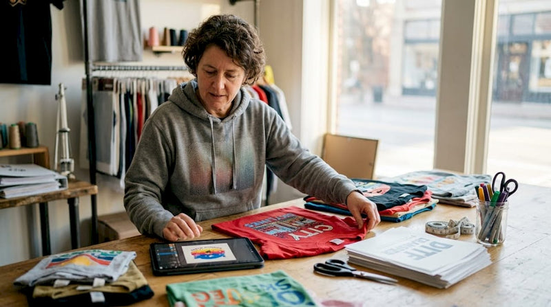 Designer arranging custom DTF apparel samples