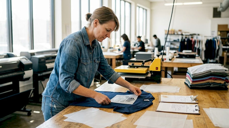 Manager reviewing DTF transfers on t-shirts