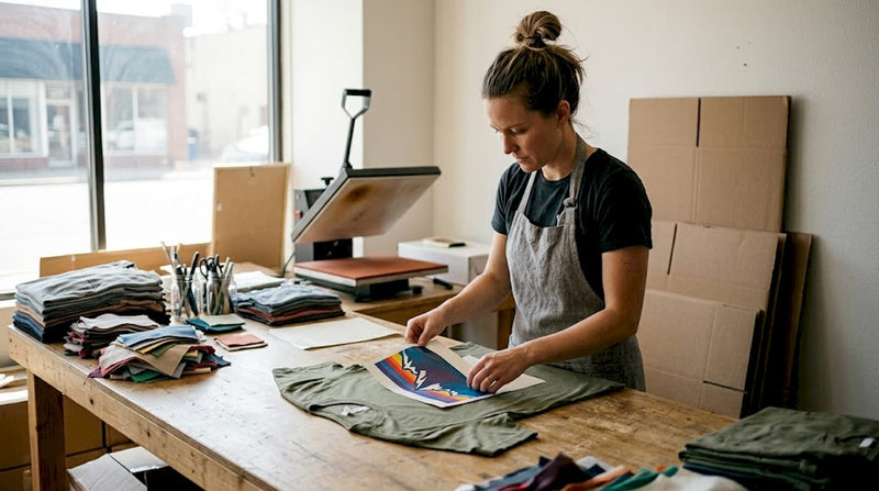 Craftsperson applies digital transfer to t-shirt