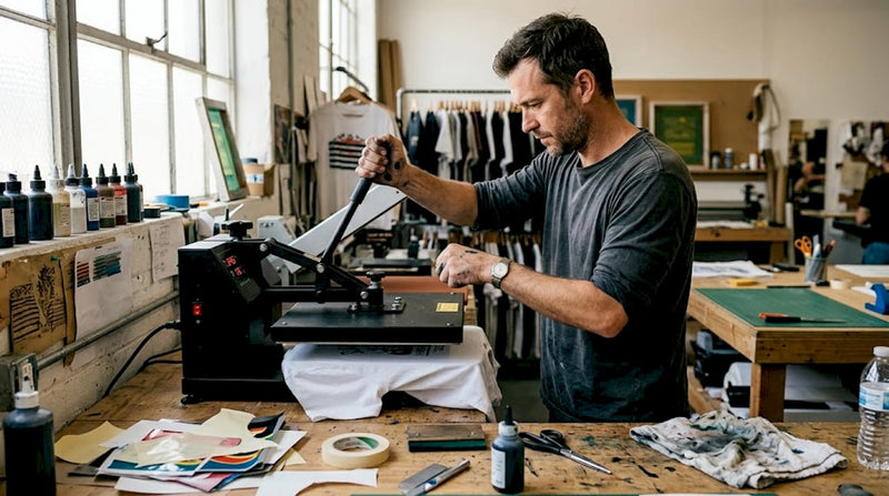 Technician operating heat press at print studio