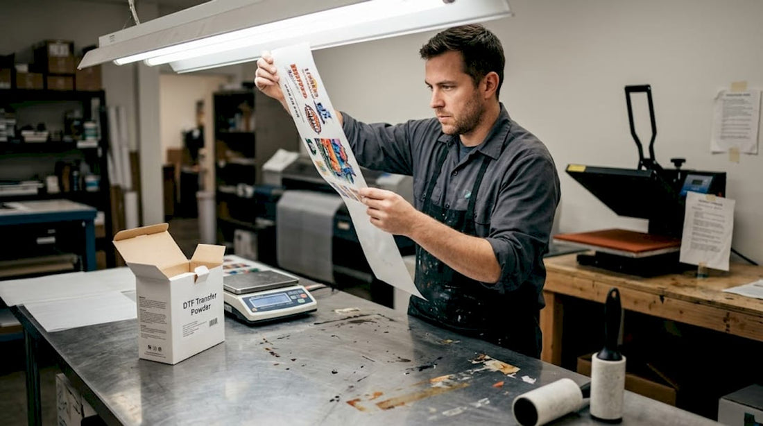 Technician inspecting DTF film at worktable