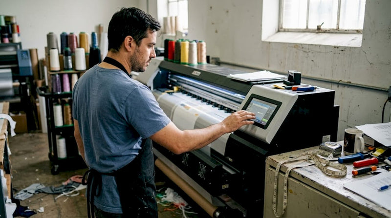 Technician checking DTF printer fabric output