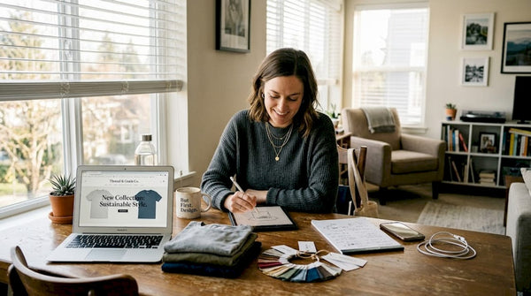 Entrepreneur creating apparel designs in home workspace