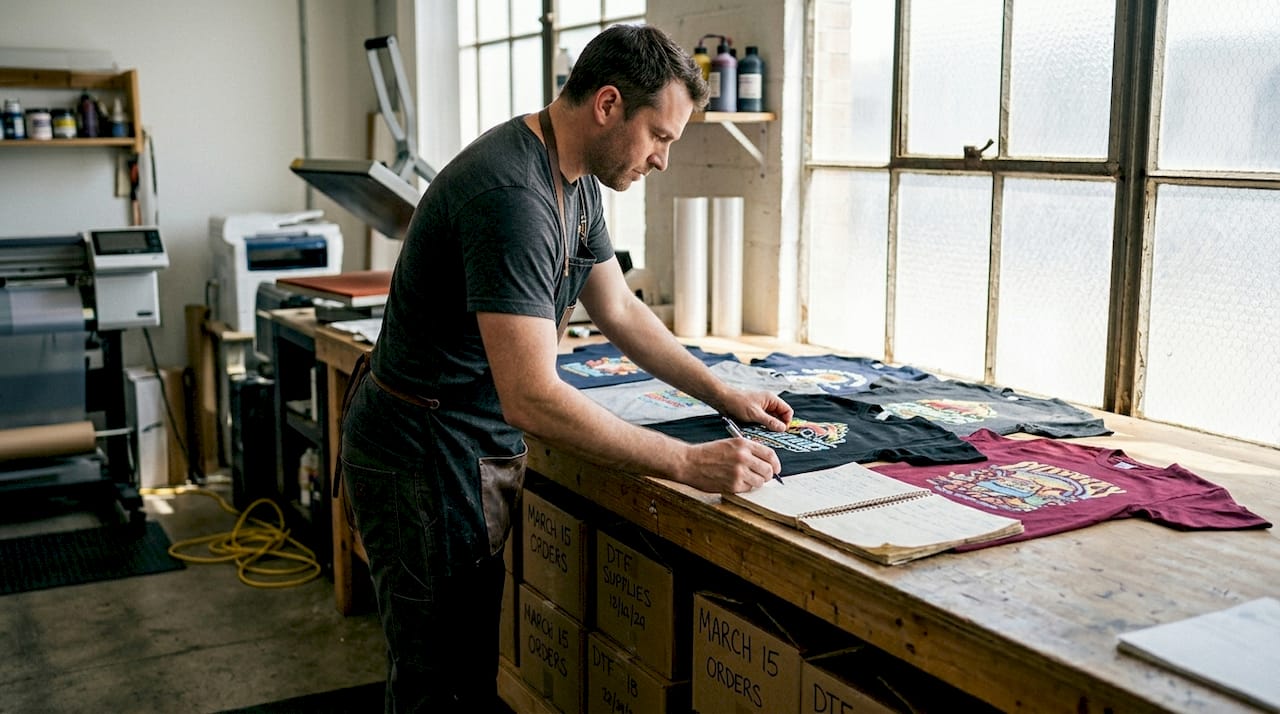 Technician checking durability of DTF transfer prints