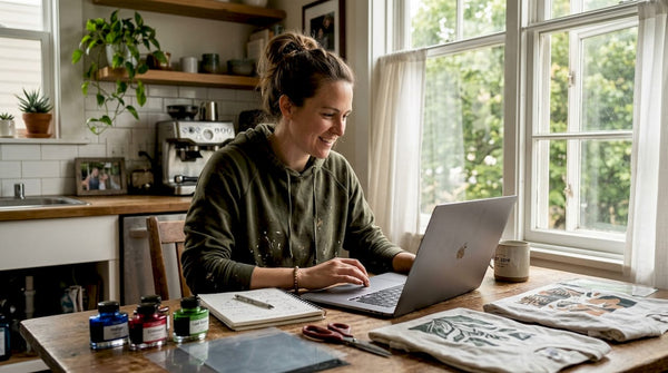 Artist reviewing DTF print artwork in kitchen