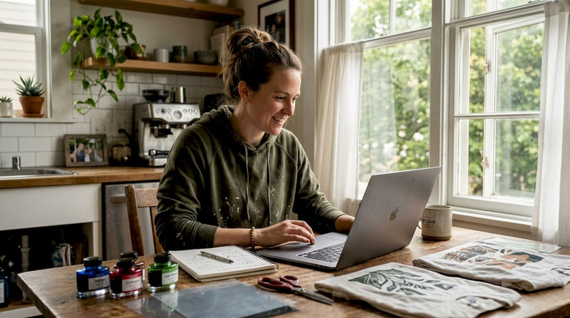 Artist reviewing DTF print artwork in kitchen