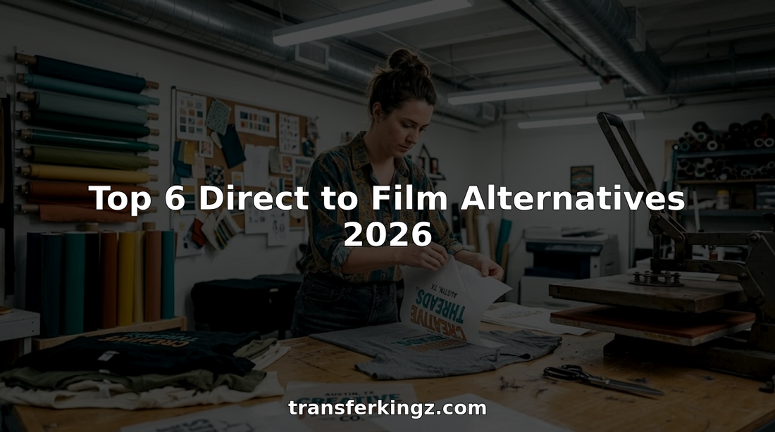 Woman working with DTF transfer in busy print studio