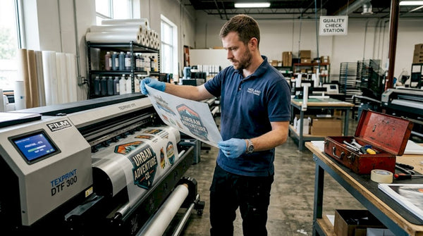 Operator inspecting DTF print production sheet