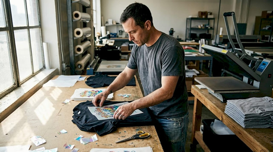 Apparel decorator organizing DTF transfers in print shop